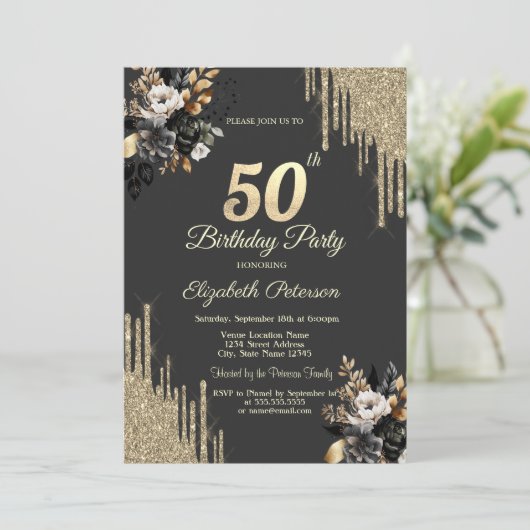 Gold Glitter Drips Black Roses Dark 50th Birthday  招待状 (スタンド正面)