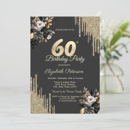Gold Glitter Drips Black Roses Dark 60th Birthday 招待状 (スタンド正面)