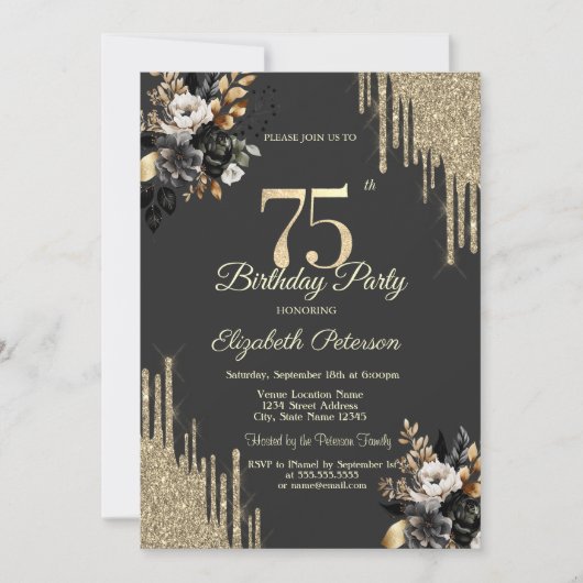 Gold Glitter Drips Black Roses Dark 75th Birthday 招待状 (正面)