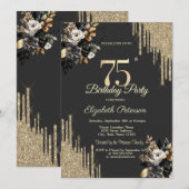 Gold Glitter Drips Black Roses Dark 75th Birthday 招待状 (正面/裏面)