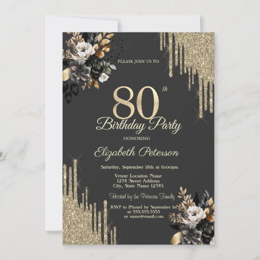 Gold Glitter Drips Black Roses Dark 80th Birthday 招待状 (正面)