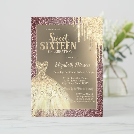 Gold Glitter Drips,Dress Glitter Sweet 16 招待状 (スタンド正面)