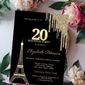 Gold Glitter Drips, Eiffel Tower 20th Birthday 招待状
