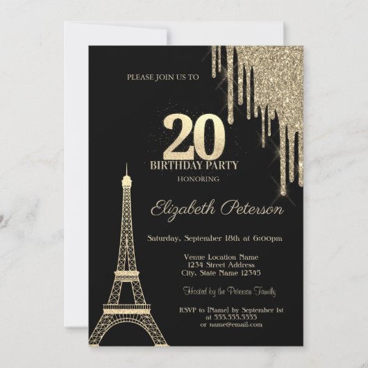 Gold Glitter Drips, Eiffel Tower 20th Birthday 招待状 (正面)