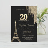Gold Glitter Drips, Eiffel Tower 20th Birthday 招待状 (スタンド正面)