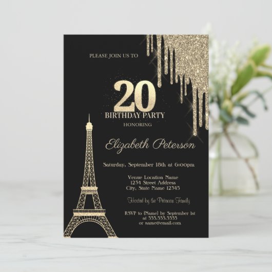 Gold Glitter Drips, Eiffel Tower 20th Birthday 招待状 (スタンド正面)