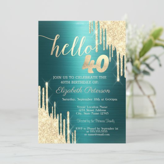 Gold Glitter Drips Green Metallic 40th Birthday 招待状 (スタンド正面)