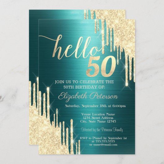 Gold Glitter Drips Green Metallic 50th Birthday 招待状 (正面/裏面)