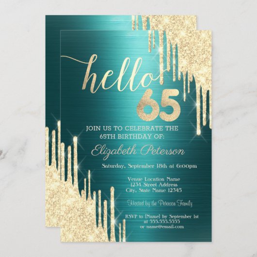 Gold Glitter Drips Green Metallic 65th Birthday 招待状 (正面/裏面)