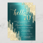 Gold Glitter Drips Green Metallic 70th Birthday 招待状 (正面/裏面)