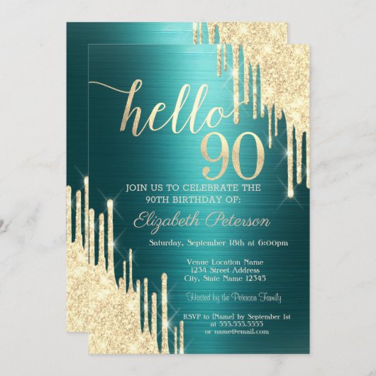 Gold Glitter Drips Green Metallic 90th Birthday 招待状 (正面/裏面)