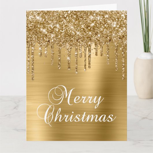 Gold Glitter Drips Metallic Merry Christmas カード (正面)