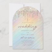 Gold Glitter Drips Rainbow Holographic Wedding 招待状 (正面)