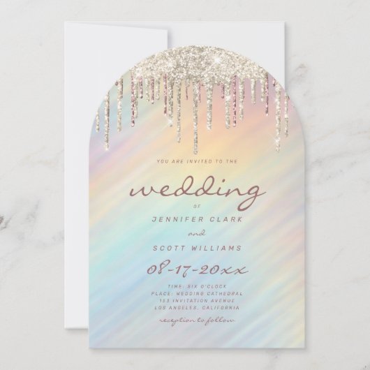 Gold Glitter Drips Rainbow Holographic Wedding 招待状 (正面)