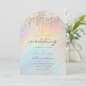 Gold Glitter Drips Rainbow Holographic Wedding 招待状 (スタンド正面)