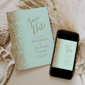 Gold Glitter Edge Mint Green Save the Date 案内状