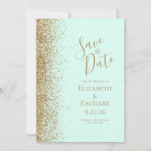 Gold Glitter Edge Mint Green Save the Date 案内状 (正面)