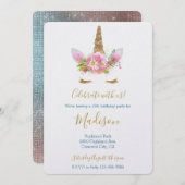 Gold Glitter Eyelash Pink Floral Unicorn Birthday 招待状 (正面/裏面)