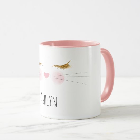 Gold Glitter Eyelashes Pink Nose Kitty Cat Face マグカップ (正面右)