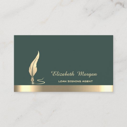 Gold Glitter Feather Stripe Notary Sage Green 名刺 (正面)