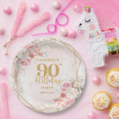 Gold Glitter Frame Blush Floral 90th Birthday  ペーパープレート (パーティー)
