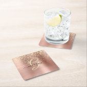 Gold Glitter, Gold Monogram, Black Script Name スクエアペーパーコースター (インサイチュ)