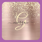 Gold Glitter, Gold Monogram, Black Script Name スクエアペーパーコースター