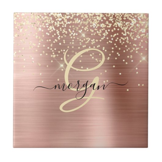 Gold Glitter, Gold Monogram, Black Script Name タイル (正面)