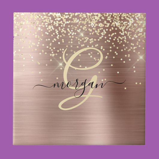Gold Glitter, Gold Monogram, Black Script Name タイル