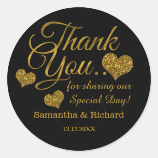 Gold Glitter Heart Thank You Wedding Favor Black  ラウンドシール