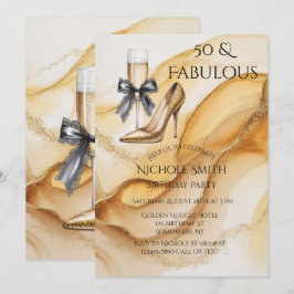 Gold Glitter High Heel 50 & Fabulous Birthday 招待状