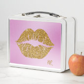 Gold Glitter Lips Sparkle Pink BG Initials メタルランチボックス (インサイチュ)