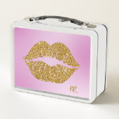 Gold Glitter Lips Sparkle Pink BG Initials メタルランチボックス (裏面)