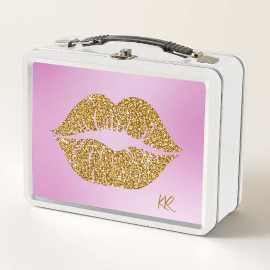 Gold Glitter Lips Sparkle Pink BG Initials メタルランチボックス (正面)