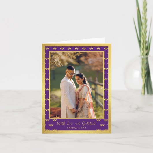 Gold Glitter Lotus Flower Wedding Photo Folded サンキューカード (正面)