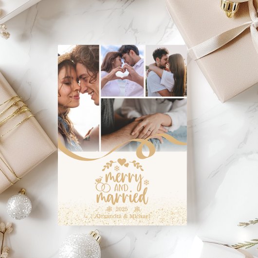 Gold Glitter Merry and Married 5 Photo シーズンカード