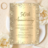Gold Glitter Metal Photo 50th Wedding Anniversary 招待状