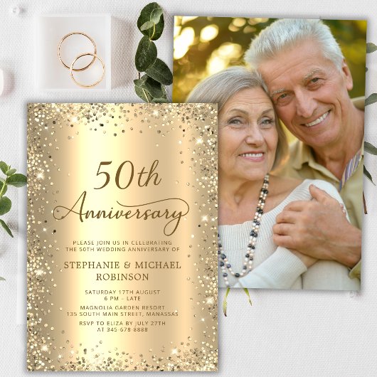 Gold Glitter Metal Photo 50th Wedding Anniversary 招待状