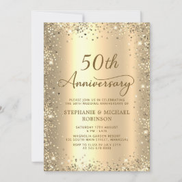 Gold Glitter Metal Photo 50th Wedding Anniversary 招待状