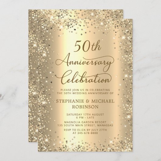 Gold Glitter Metallic 50th Wedding Anniversary 招待状 (正面/裏面)