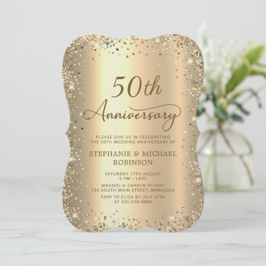 Gold Glitter Metallic 50th Wedding Anniversary 招待状 (スタンド正面)