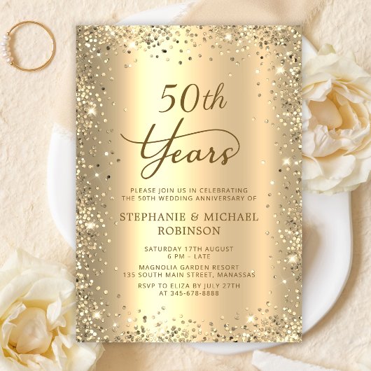 Gold Glitter Metallic 50th Wedding Anniversary 招待状