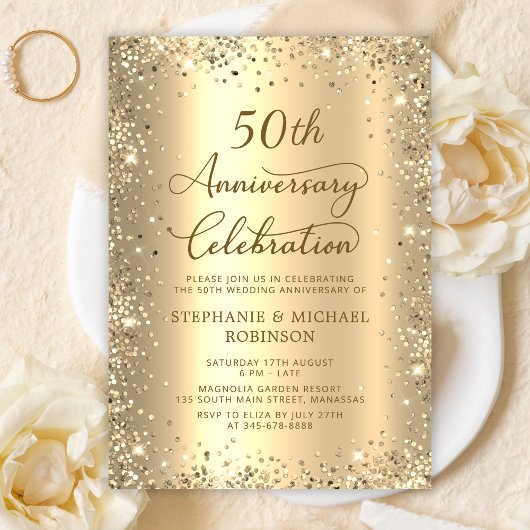 Gold Glitter Metallic 50th Wedding Anniversary 招待状