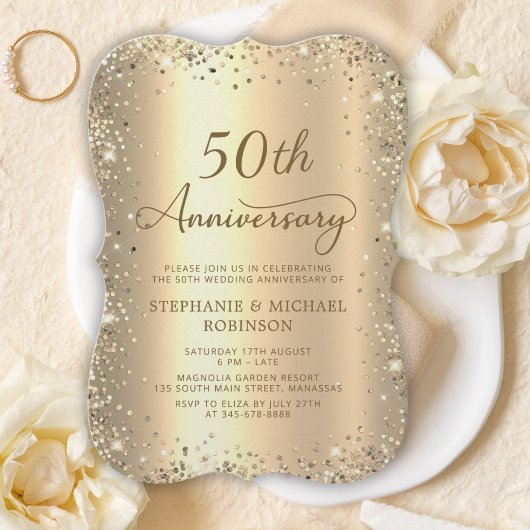 Gold Glitter Metallic 50th Wedding Anniversary 招待状