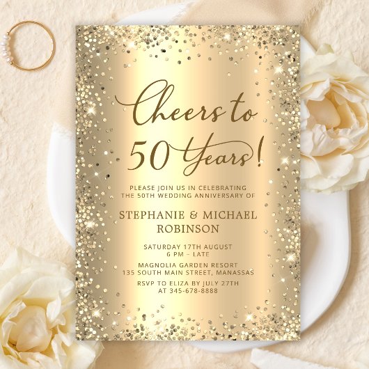 Gold Glitter Metallic 50th Wedding Anniversary 招待状