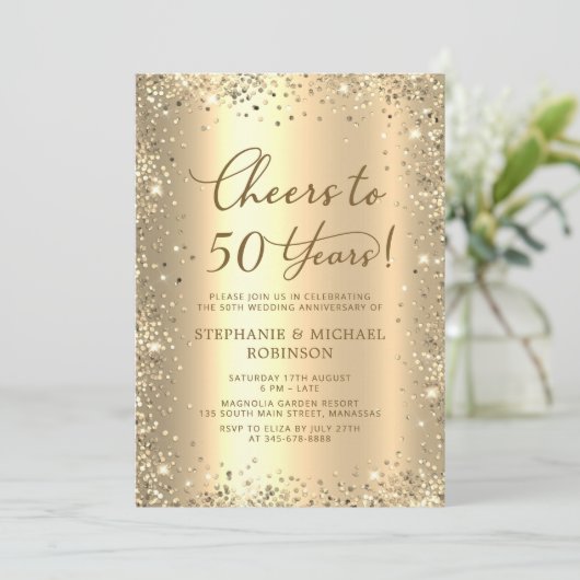 Gold Glitter Metallic 50th Wedding Anniversary 招待状 (スタンド正面)