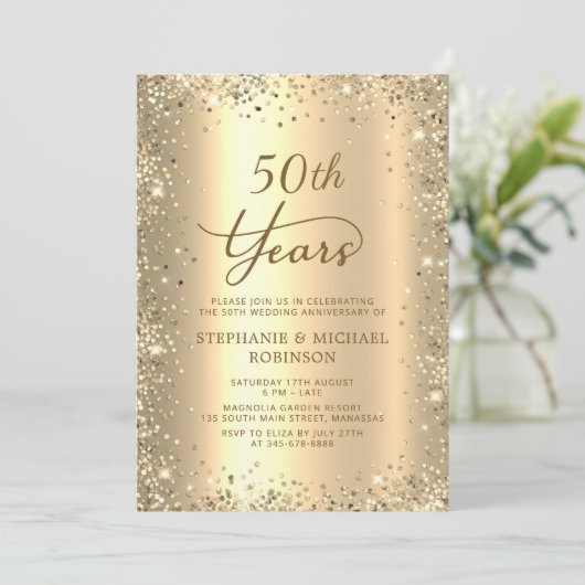 Gold Glitter Metallic 50th Wedding Anniversary 招待状 (スタンド正面)