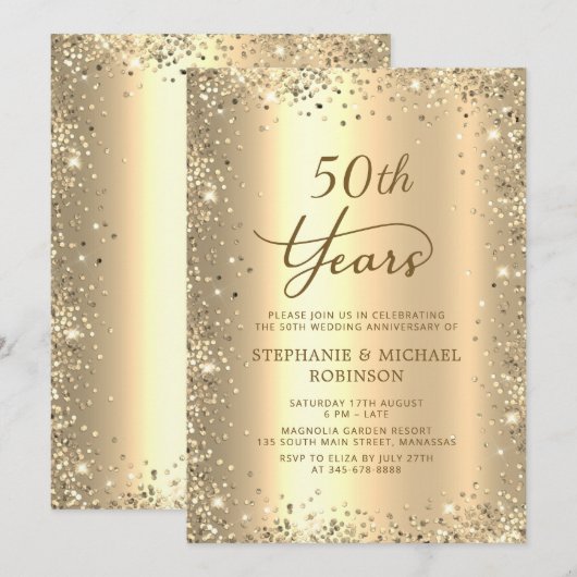 Gold Glitter Metallic 50th Wedding Anniversary 招待状 (正面/裏面)