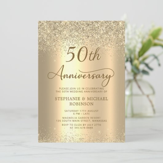 Gold Glitter Metallic 50th Wedding Anniversary 招待状 (スタンド正面)