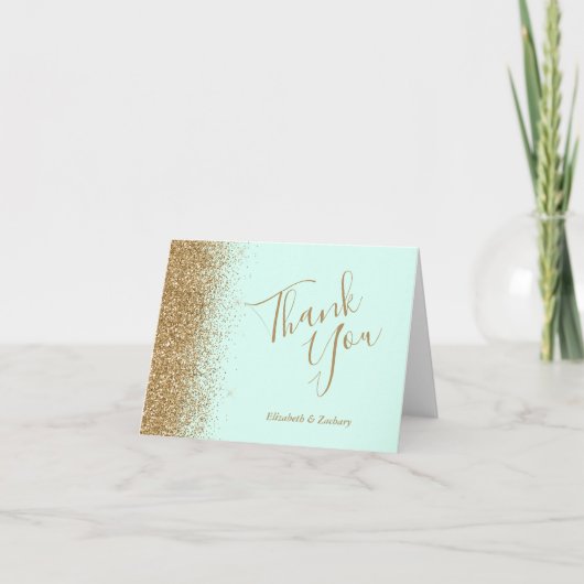 Gold Glitter Mint Green Wedding Thank You カード (正面)